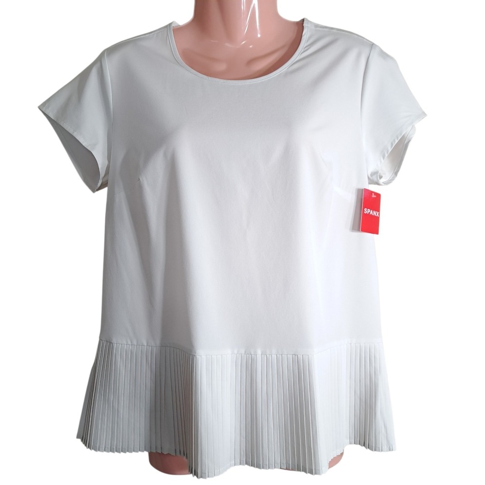 Spanx Women's Size S White Cloud Yes Pleats! Tee Top Gray Pleated Hem 50437R